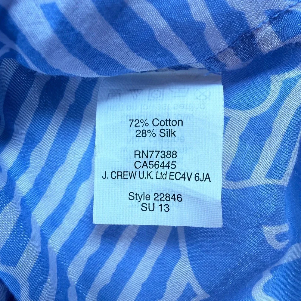J. Crew‎ Womens Blue White Paisley Cotton Silk Button Down Shirt Size 000